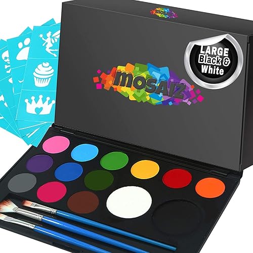Face Paint Kit NonGrease 14 Colors with Large Black and White, 3