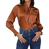Satin Blouses for Women Dressy Smocked Long Sleeve Bow Tie Neck Shirts Casual Work Tops