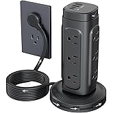 TROND Tower Power Bar Surge Protector with PD 20W USB C, 10ft Retractable Flat Plug Extension Cord Indoor, 12 Widely Spaced O