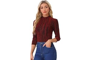 Allegra K Women's Halloween 3/4 Sleeve Glitter Party Sparkly Shiny Metallic Tops