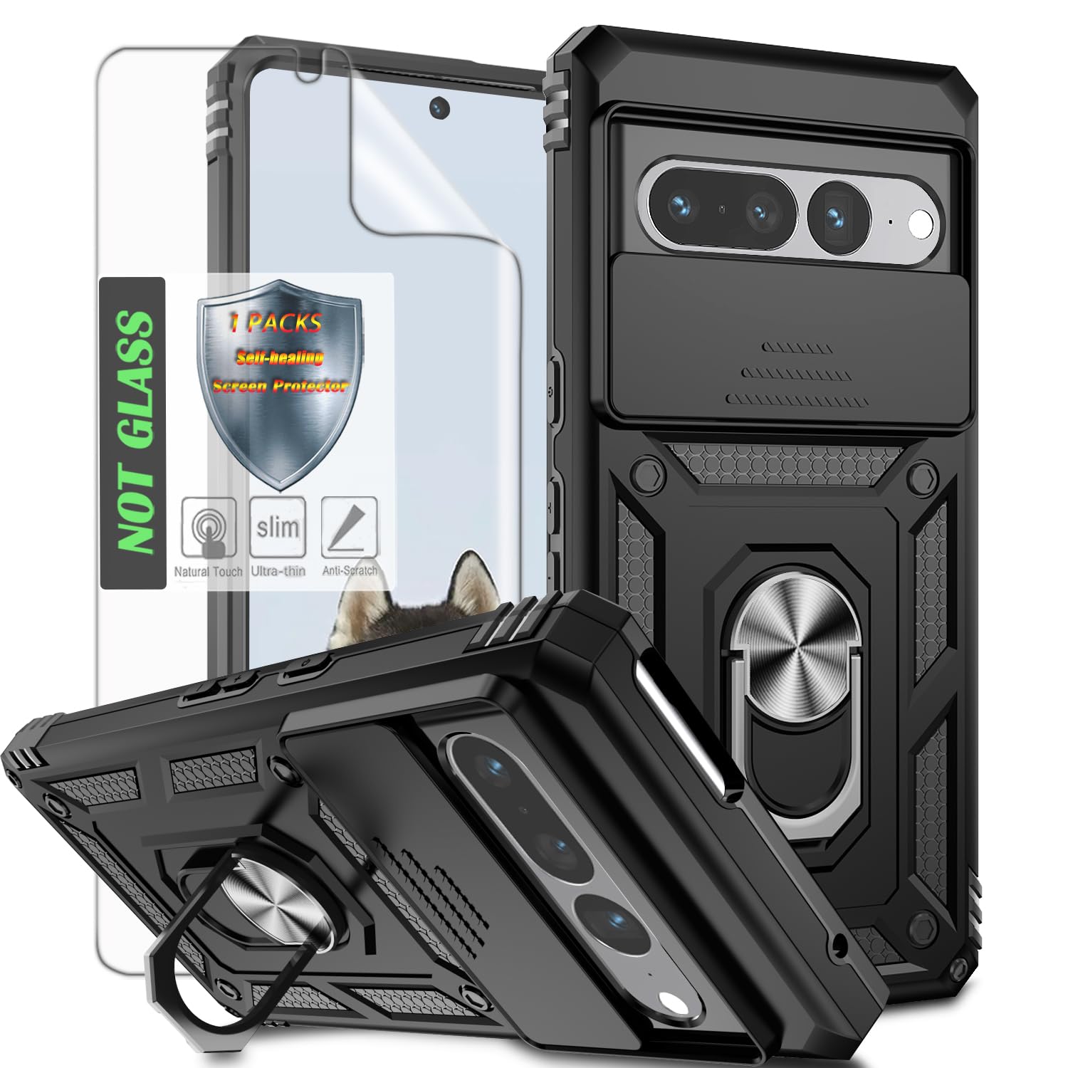 AYMECL for Pixel 7 Pro Case with Camera Lens Cover,HD Screen Protector,Military Grade Drop Protection,Magnetic Ring Holder Kickstand Protective Phone Case for Google Pixel 7 Pro,Black