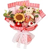 Hlenbin Crochet Flowers Bouquet - Crochet Sunflower Knitted Flowers Bouquet with Bear for Valentines Day Anniversary Mother's Day Christmas Graduation Gifts Pink
