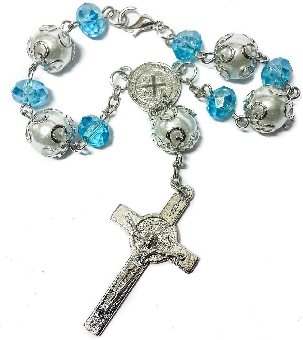 Nazareth Store Car Rear View Rosary St Saint Benedict Catholic Turquoise Blue Beads Benedictus Medal Cross Crucifix Christian gift Rosaries - Image 3