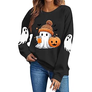 Cute Halloween Sweatshirts for Women Funny Ghost Graphic Oversized Tee Tops | Womens Halloween Costumes 2026,Fall Casual Long