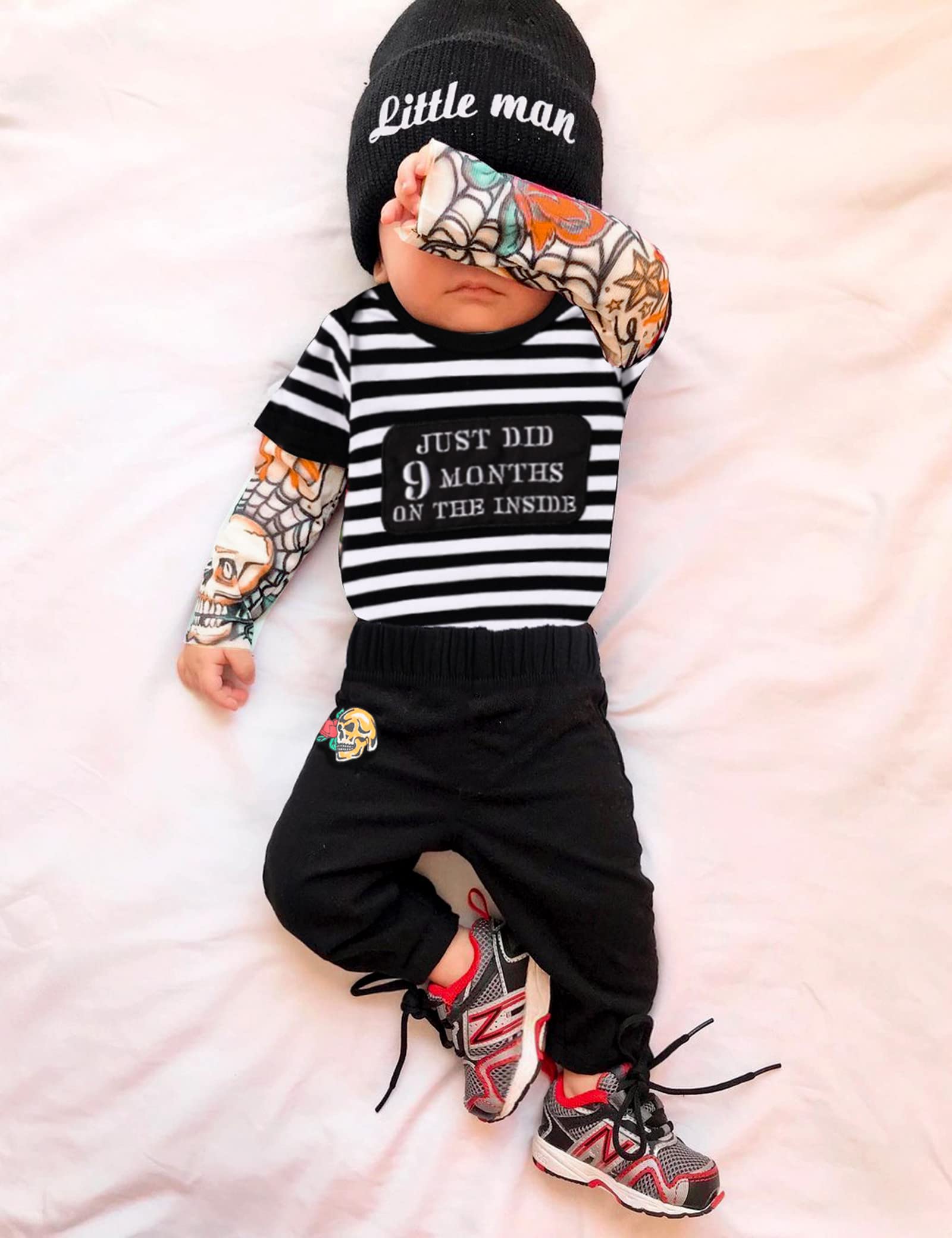 Fommy Baby Boy Clothes Tattoo Sleeve Funny Romper Bodysuit+Pants 3PCS Infant Outfits Set