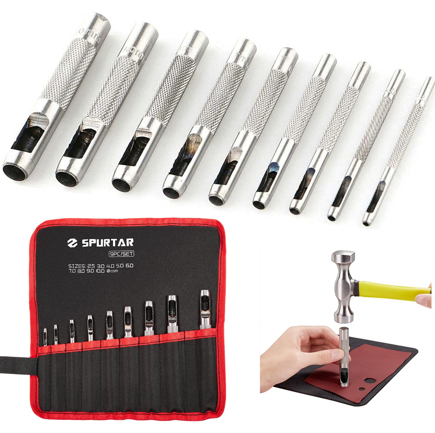 Spurtar 9 Pcs Steel Hollow Punch Set 2.5-10mm Heavy Duty Round Leather Hole Punching Tool for Watch Cloth Belt Gaskets w/Storage Bag — image 1