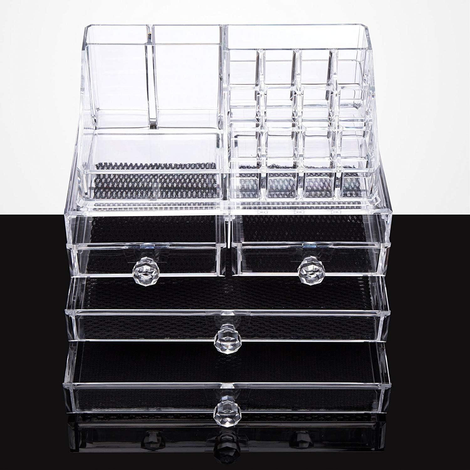 iPEGTOP Acrylic Clear Make Up Organiser Cosmetic Storage Box Display Makeup Case, 20 Sections with 4 Drawers, Diamond Drawer Handle: Home Improvement