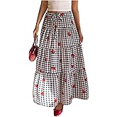 Verdusa Women's Plaid Maxi Skirt A Line Ruffle Y2k Flowy Checkered Strawberry Casual Long Skirt