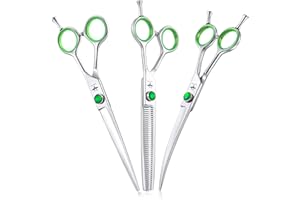 PURPLEBIRD 7 Inch Straight, Downward Curved Dog Grooming Scissors Set Professional Pet Cutting, Thinning Texturizing Shears Safety Blunt Tip Trimming Shearing Dog Cat Japanese Stainless Steel Silver