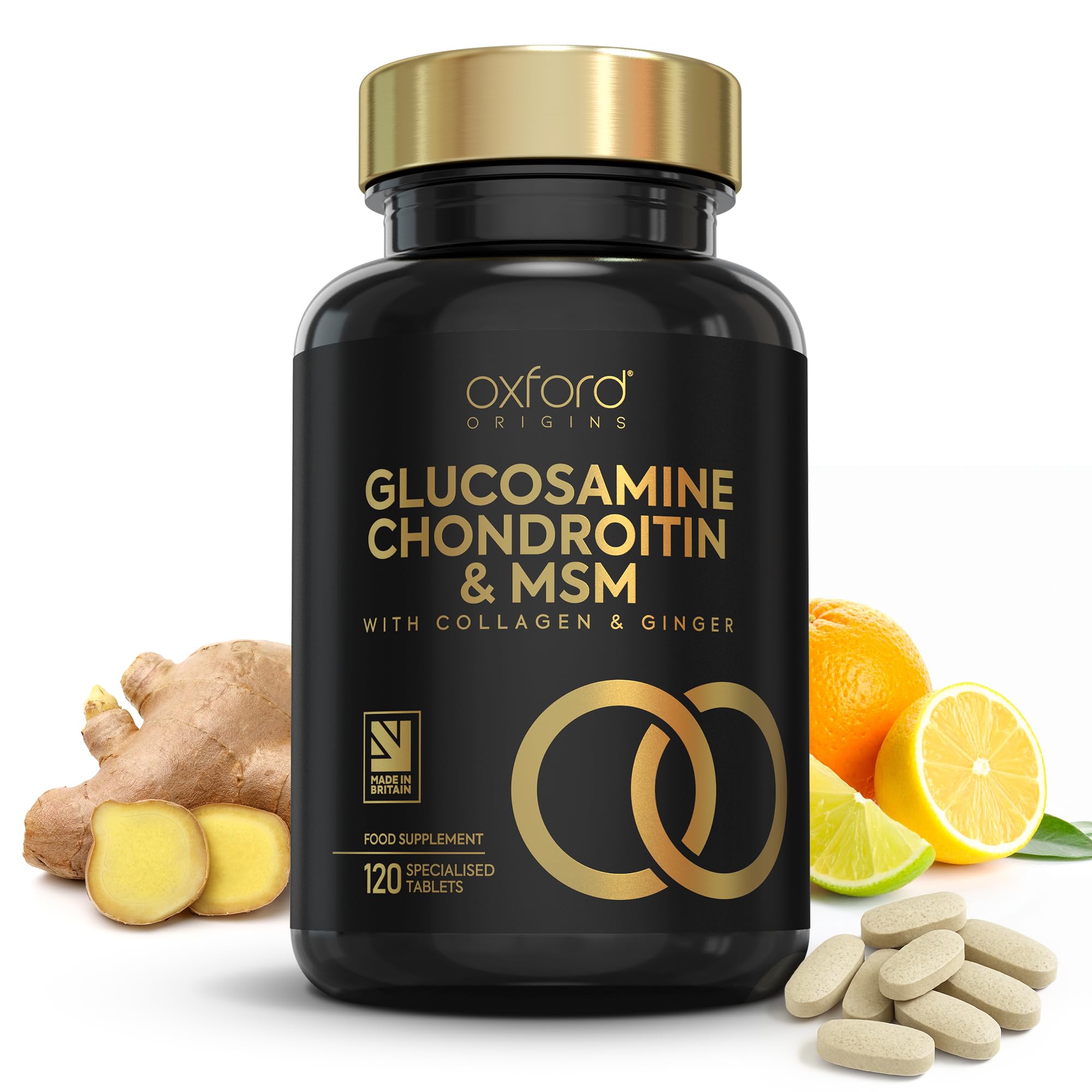 Advanced Glucosamine and Chondroitin High Strength Tablets with MSM | Made in The UK | Glucosamine Sulphate with Chondriotin, MSM Powder, Collagen, Citrus Bioflavonoid and Ginger Root | 120 Tablets
