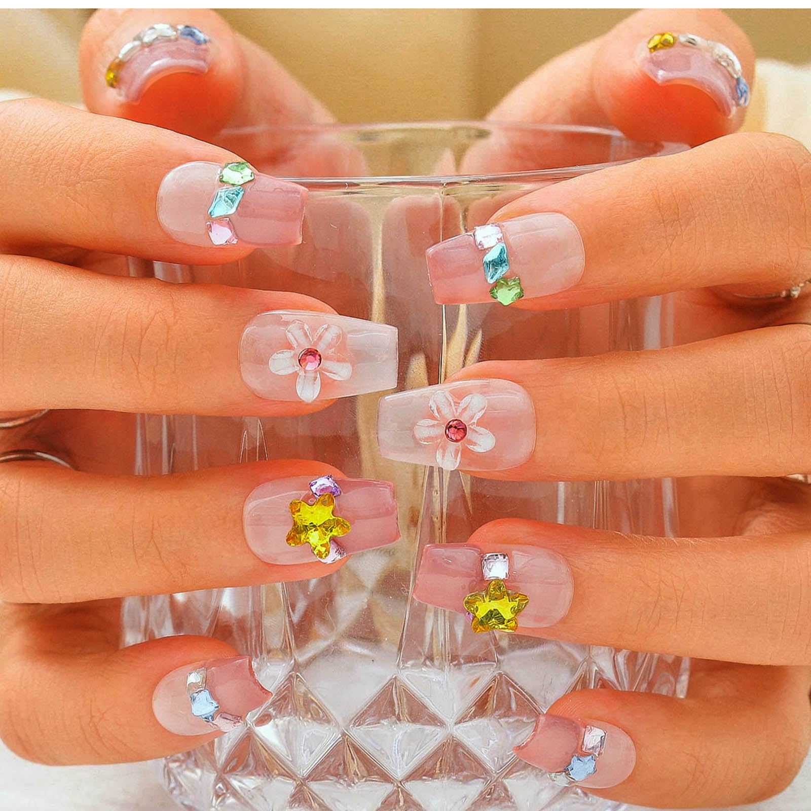 Sethexy Medium Long Coffin Handmade False Nails - Rhinestones, French Tip, 3D Flower Press on Nails Women Salon Stick on Nails 10PCS