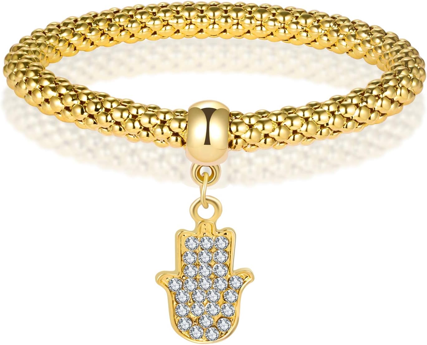 THINK POSITIVE Hamsa Hand Fatima and Evil Eye with Rhinestones Charms Snake Chain Rope Bracelet Anklet Pendant Necklace Jewelry Sets for Women Girls