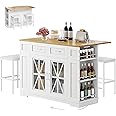 YITAHOME Kitchen Island with Drop Leaf, 47 Inch Mobile Storage Island with Seating, Rolling Islands Table with Power Outlet & 2 Bar Stools on Wheels, White Oak