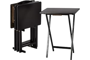 Amazon Basics Portable TV Dinner 4-Pack Rectangular Folding Tray Table with Storage Rack, Black, 15" x 19" x 26"