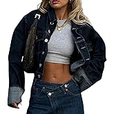 IjnUhb Women's Cropped Denim Jacket Button Up Long Sleeve Turn-Up Cuff Jean Jacket Women Coat