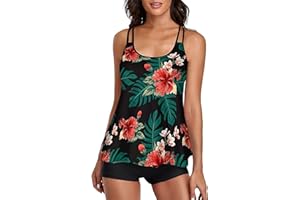 UNIQWETO Flowy Tankini Bathing Suits for Women Tummy Control Swimsuits Two Piece Swimwear Tank Top with Boyshorts