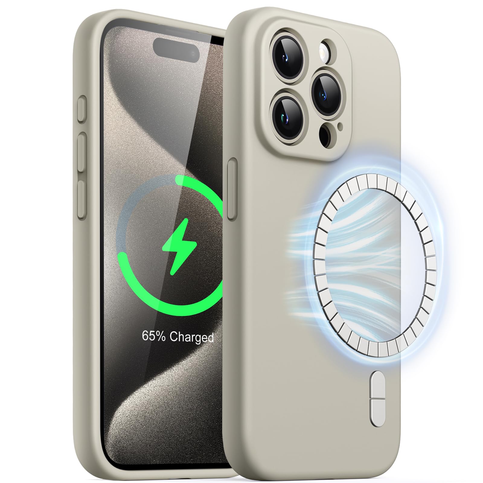 JETech Magnetic Silicone Case for iPhone 15 Pro Max 6.7-Inch, Compatible with MagSafe, Phone Cover with Camera Lens Full Protection (Natural Titanium)