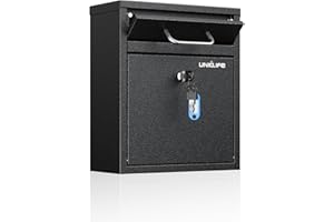 Uniclife Wall Mount Mailbox for Outside, Heavy Duty Locking Mailbox, Small Mailbox with Key Lock, Security Mail Box, Safe Key Drop Box, Post Box, Steel Cash Drop Box for Home Office School, Black