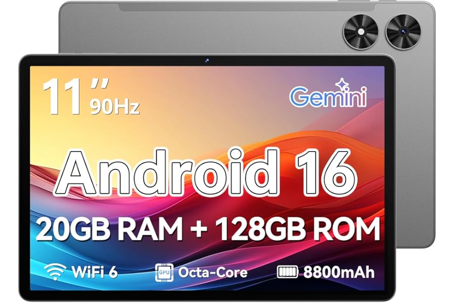Frameflow Tablet 11 inch, Android 16 Tablet with Octa-Core Processor, 20GB RAM 128GB ROM 1 TB Expandable, 1280x800 IPS Touch Screen, GPS, 8H Battery, WiFi 6, BT 5.2, 8MP+13MP Dual Camera (Gray)
