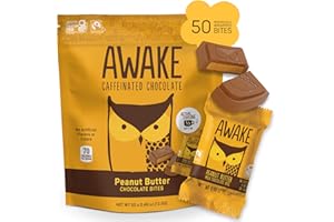 AWAKE CAFFEINATED CHOCOLATE AWAKE - Caffeinated Chocolate Bites - Coffee Alternative - Low Calorie Snacks - Bite Size Energy Bars - 50mg of Caffeine in Each Bite - Non GMO - Gluten Free - Peanut Butter Chocolate - 50 Bites