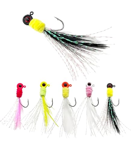 XFISHMAN Crappie Jigs – Marabou Feather & Hair Jigs With Spinner, 1/8, 1/16, 1/32 Oz For Panfish & Trout