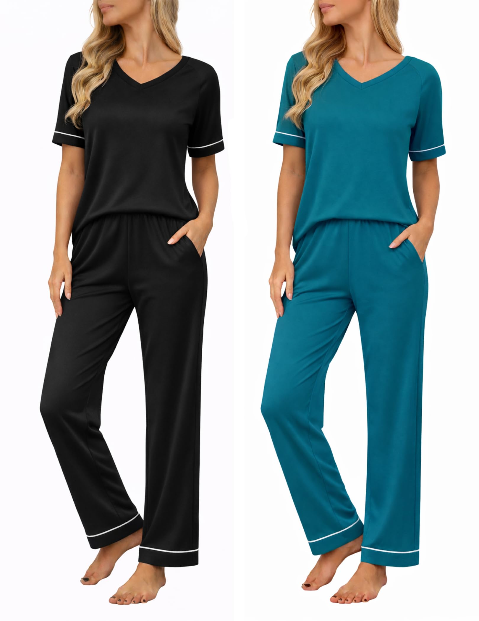 Ekouaer Womens 2 Pack Pajama Set Short & Long Sleeve Pajamas Top and Pants V Neck Pjs Set Soft Loungewear with Pockets Image