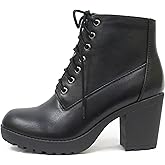 Soda Second Lug Sole Chunky Heel Combat Ankle Bootie Lace up w/Side Zipper