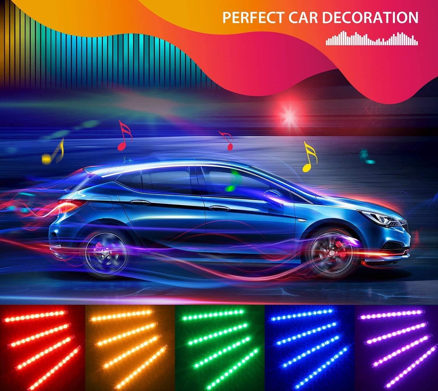 MINGER Unifilar Car LED Strip Light, 4pcs 48 LED APP Controller Car Interior Lights, Waterproof Multicolor Music Under Dash Lighting Kits for iPhone Android Smart Phone, Car Charger Included, DC 12V: Automotive