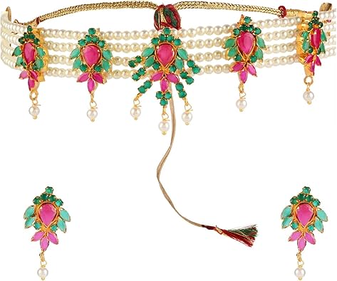 Amazon Com Efulgenz Indian Bollywood Cubic Zirconia Faux Ruby Emerald Pearl Choker Necklace Earring Bridal Jewelry Set Jewelry
