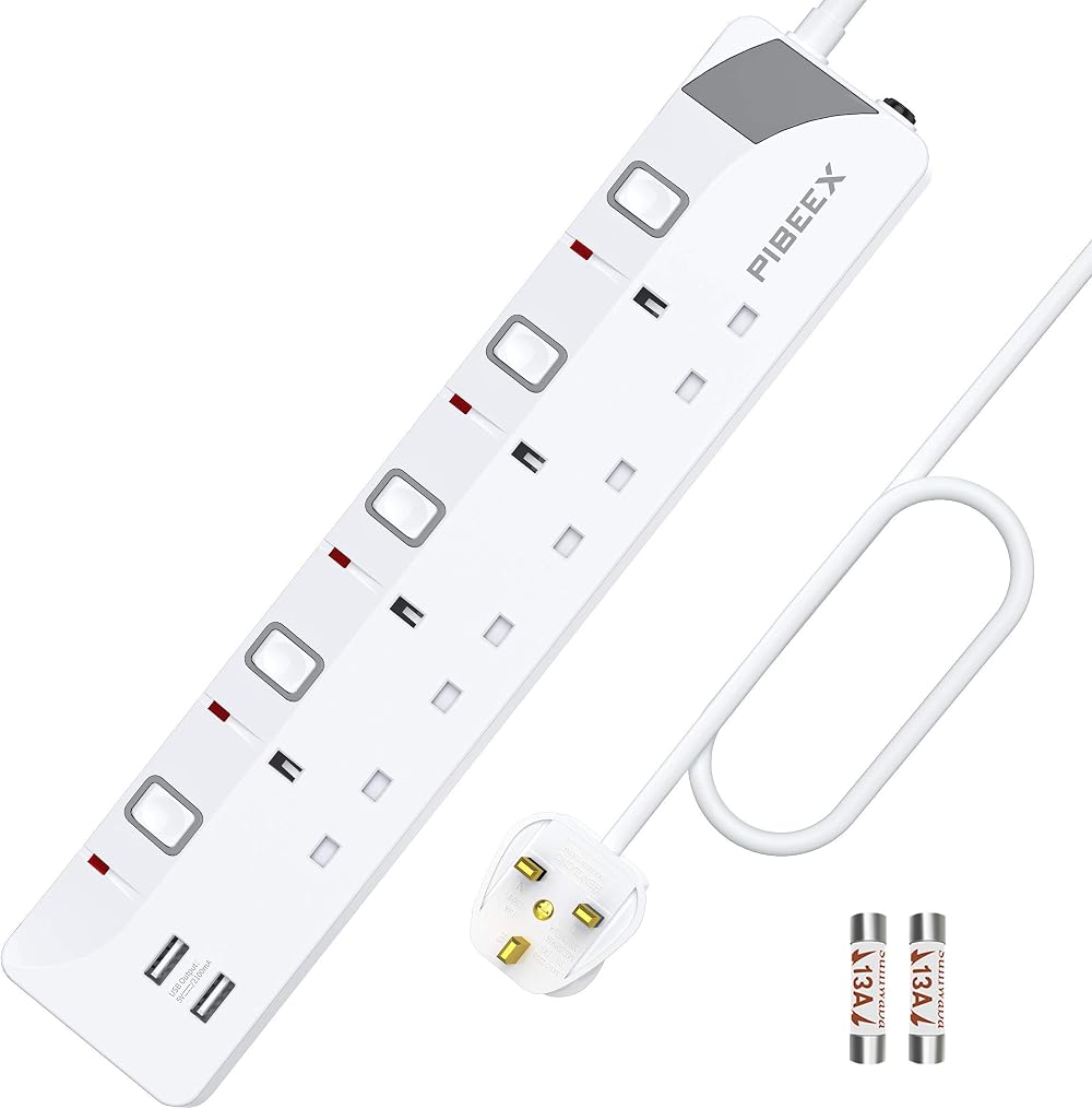 PIBEEX 4 Way Extension Lead with USB Ports 2M Mountable BS1363-2 13A 3250W