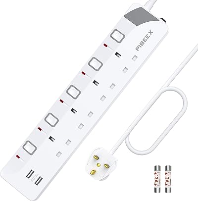 PIBEEX 4 Way Extension Lead with USB Ports 2M Mountable BS1363-2 13A 3250W