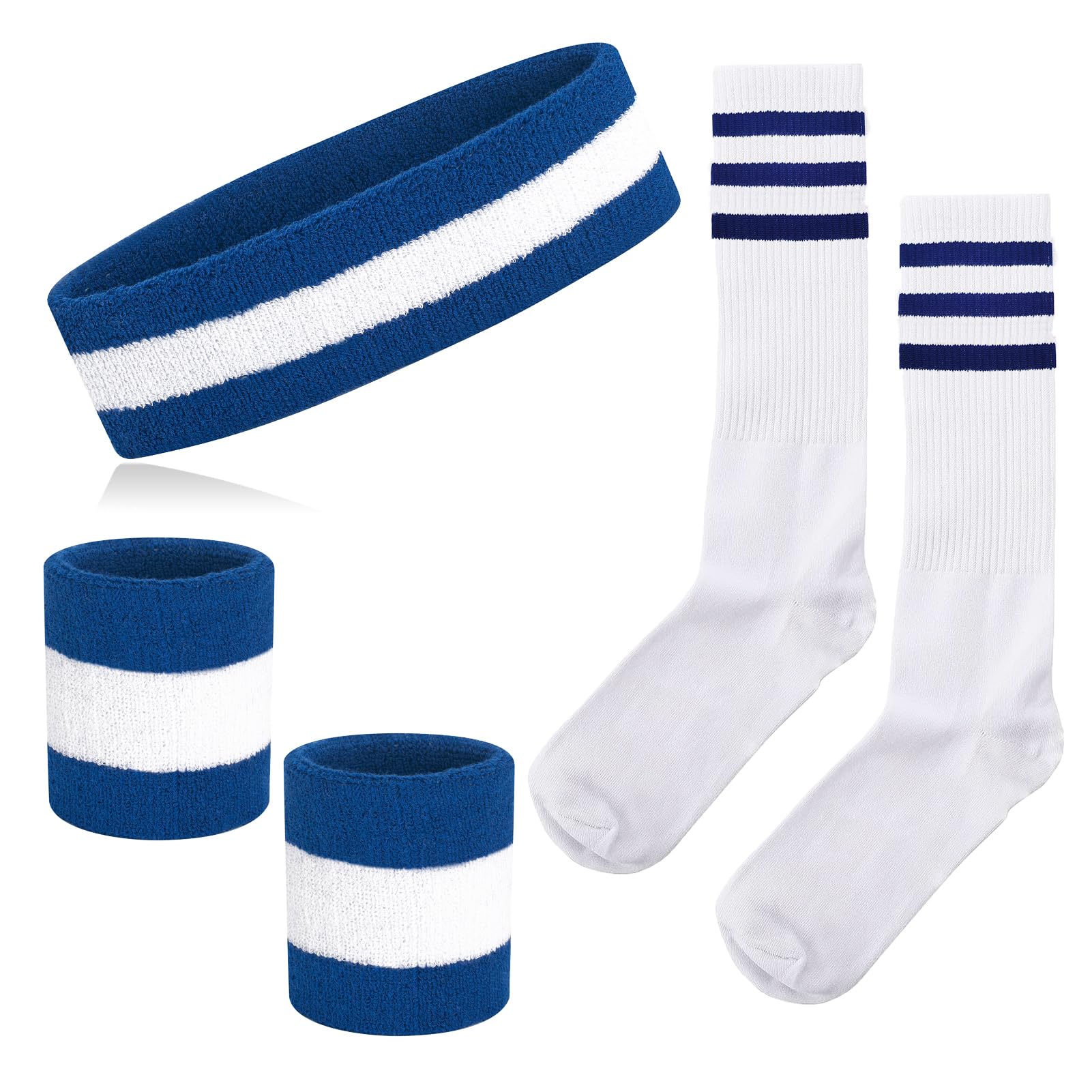 NANXJIUR 5 Pieces Sweatband Striped Sock Set Sports Headband Wristbands High Tube Socks 80s Accessories for Men Women 90s Costumes Theme Party Striped Sock Set (Blue/White/Blue)