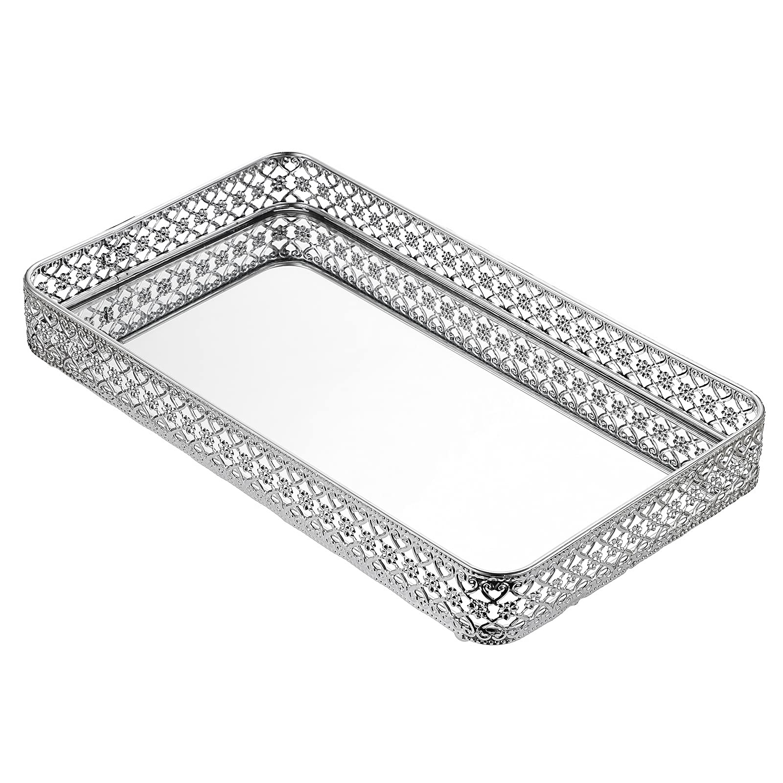 BSTKEY 35x20cm Vanity Mirror Tray Jewelry Trinket Tray, Decorative Tray for Cosmetic Makeup Dresser Bathroom Bedroom Countertop Organizer, Silver