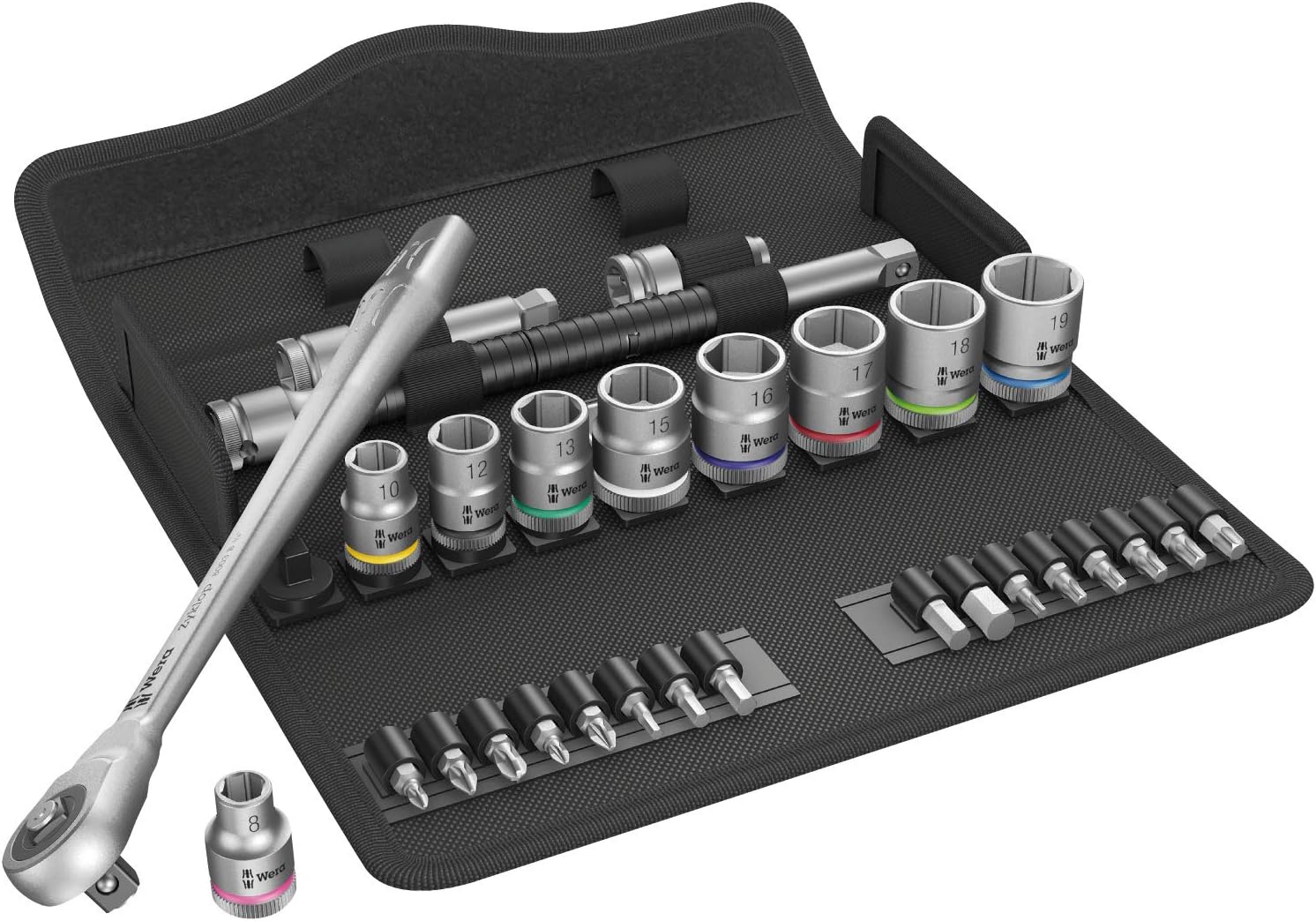 Wera 05004047001 8100 SB 7 Zyklop Metal Ratchet Set including Push-Through Square, 3/8" Drive, Metric, 29 Pieces
