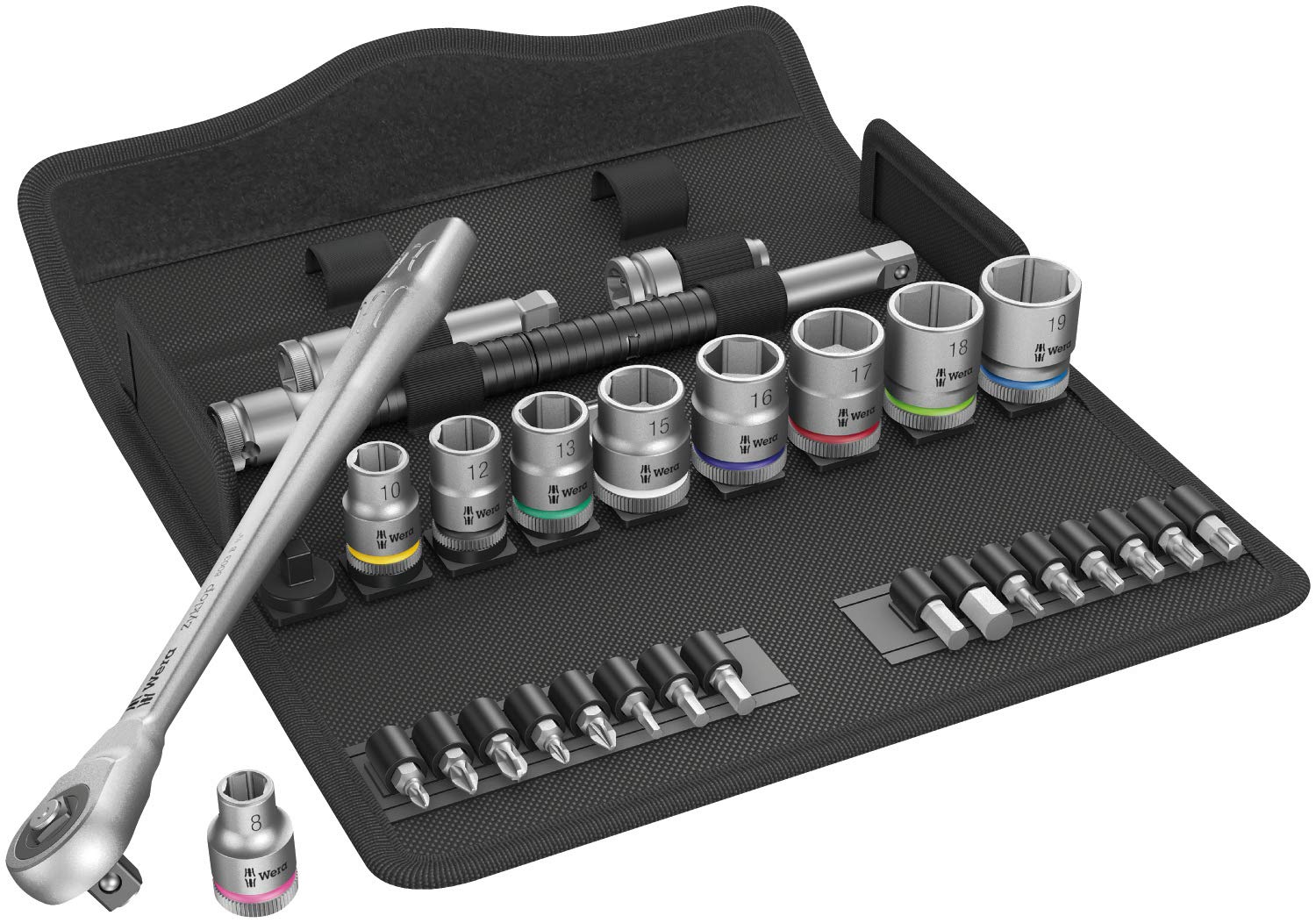 Wera 05004047001 8100 SB 7 Zyklop Metal Ratchet Set with Push-Through Square, 3/8" Drive, Metric, 29 Pieces