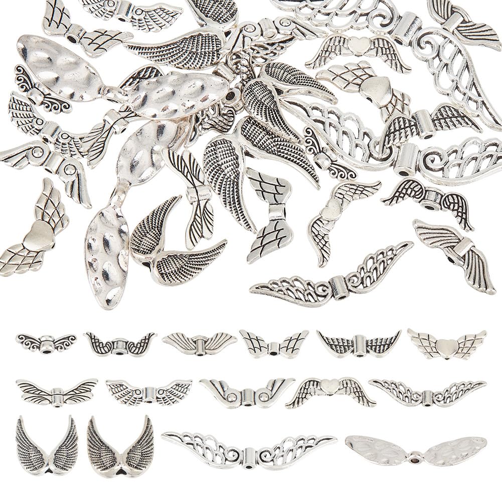DELORIGIN 15 Styles Wing Beads 30pcs Antique Tibetan Beads Angel Wing Beads Fairy Wing Charm Alloy Silver Spacer Wing Beads for Jewelry Making Xmas Angel Making Keychain, 1~2mm Hole