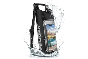 Pelican Marine IPX6 Waterproof Roll Top Dry Bag (2L) w/Built-in Phone Case Pouch - for iPhone 13 Pro Max / 13 Pro / 13/12 / 11 Lightweight bag for Camping, Travel, Swimming, Kayaking & Beach - Black