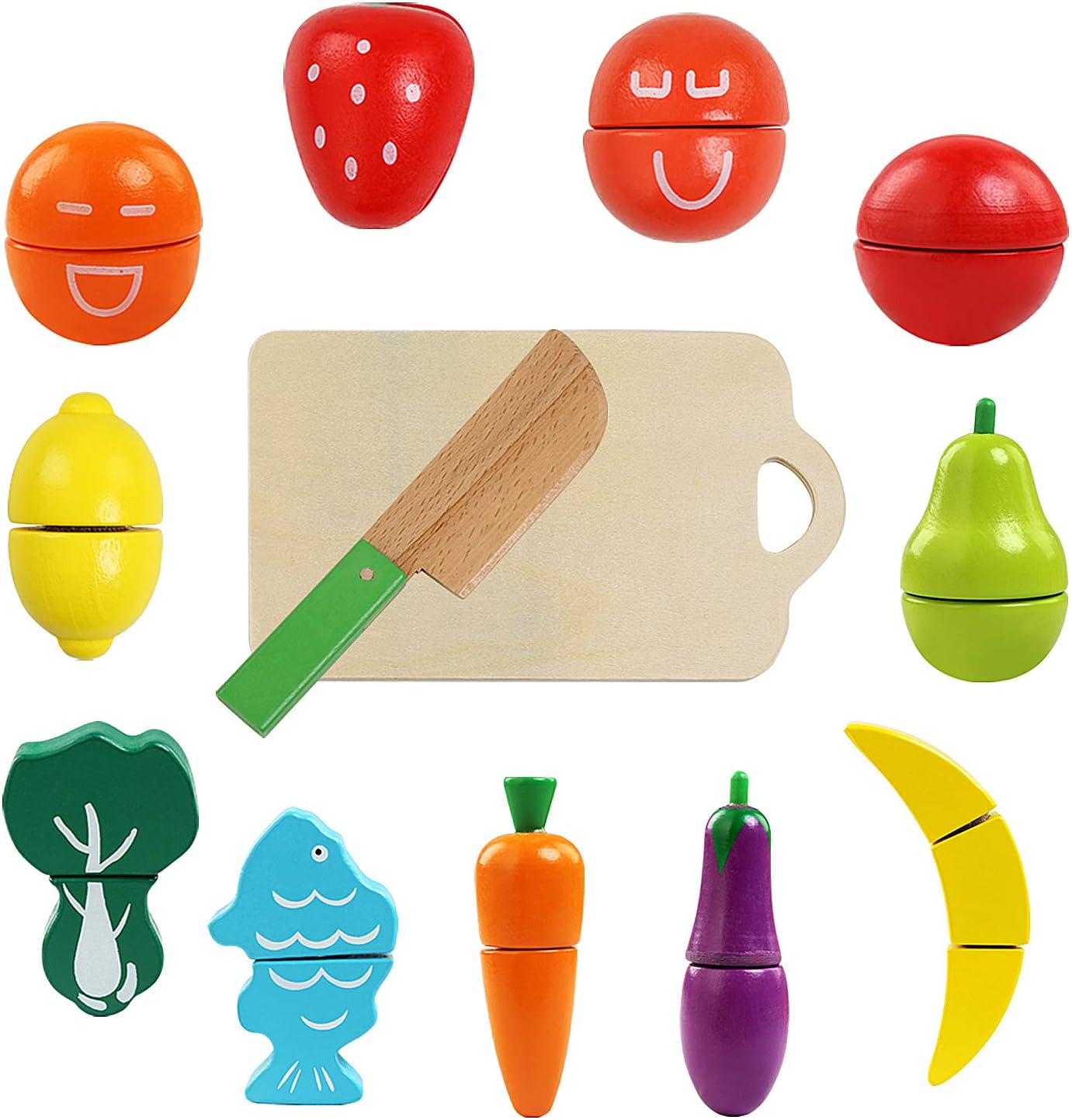 BelleStyle Play Food Toys Wooden Cutting Toys Fruits Vegetable Kitchen