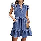POTILI Denim Dress for Women Ruffle Short Sleeve V Neck Jean Mini Dress with Pockets