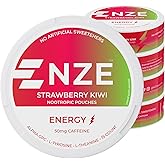 NZE Caffeine Nootropic Pouches (Strawberry Kiwi) - Energy Pouches with 50mg Caffeine, Alpha GPC, L-Tyrosine & L-Theanine - No Sugar or Artificial Sweeteners - 15 Nicotine Free Pouches Per Can - 5 Pack