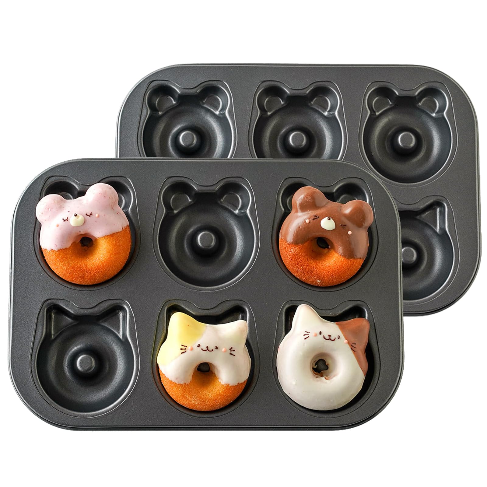 Photo 1 of Elesinsoz 2 PCS Donut Pans, 2 1/2" Carbon Steel Cat & Bear-Shaped Donut Mold Cake Pan, 6 Cup Non-Stick Doughnut Pan for Home Baking