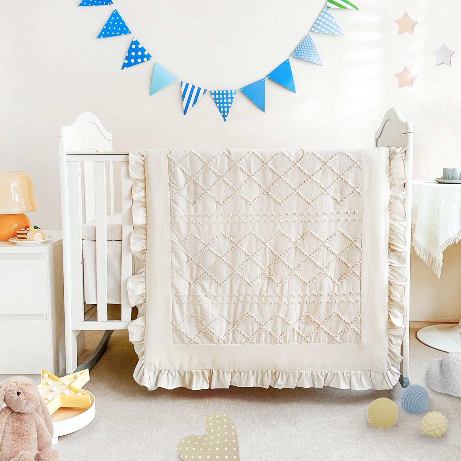 Photo 1 of Wowelife 3 Pieces Crib Bedding Set for Girls, Mini Tufted Jacquard Ruffle Fringe Boho Baby Bedding Set Newborn, Infant & Nursery with Comforter, Crib Fitted Sheet and Crib Skirt, Beige