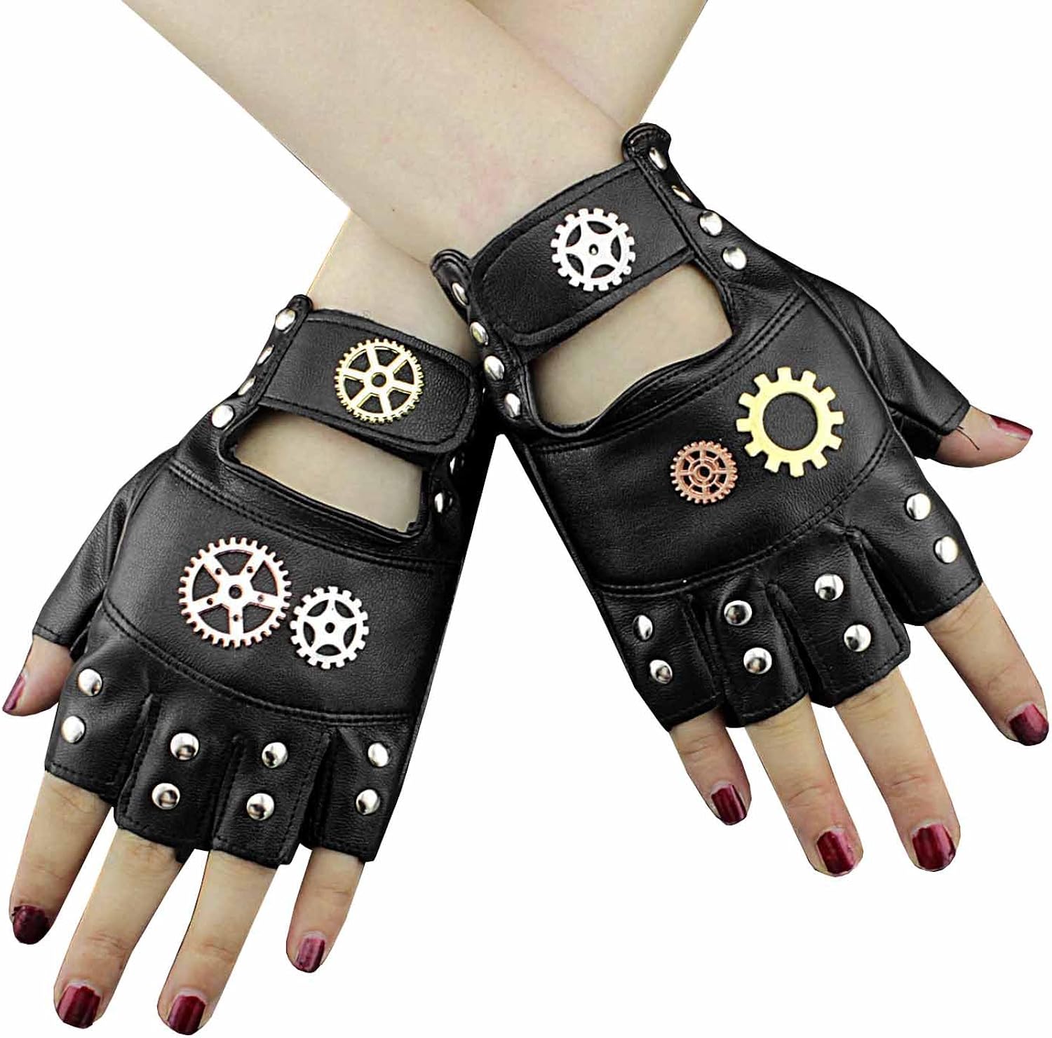 Gothic Skull Rivet PU Leather Fingerless Gloves Unisex Gym Half Finger