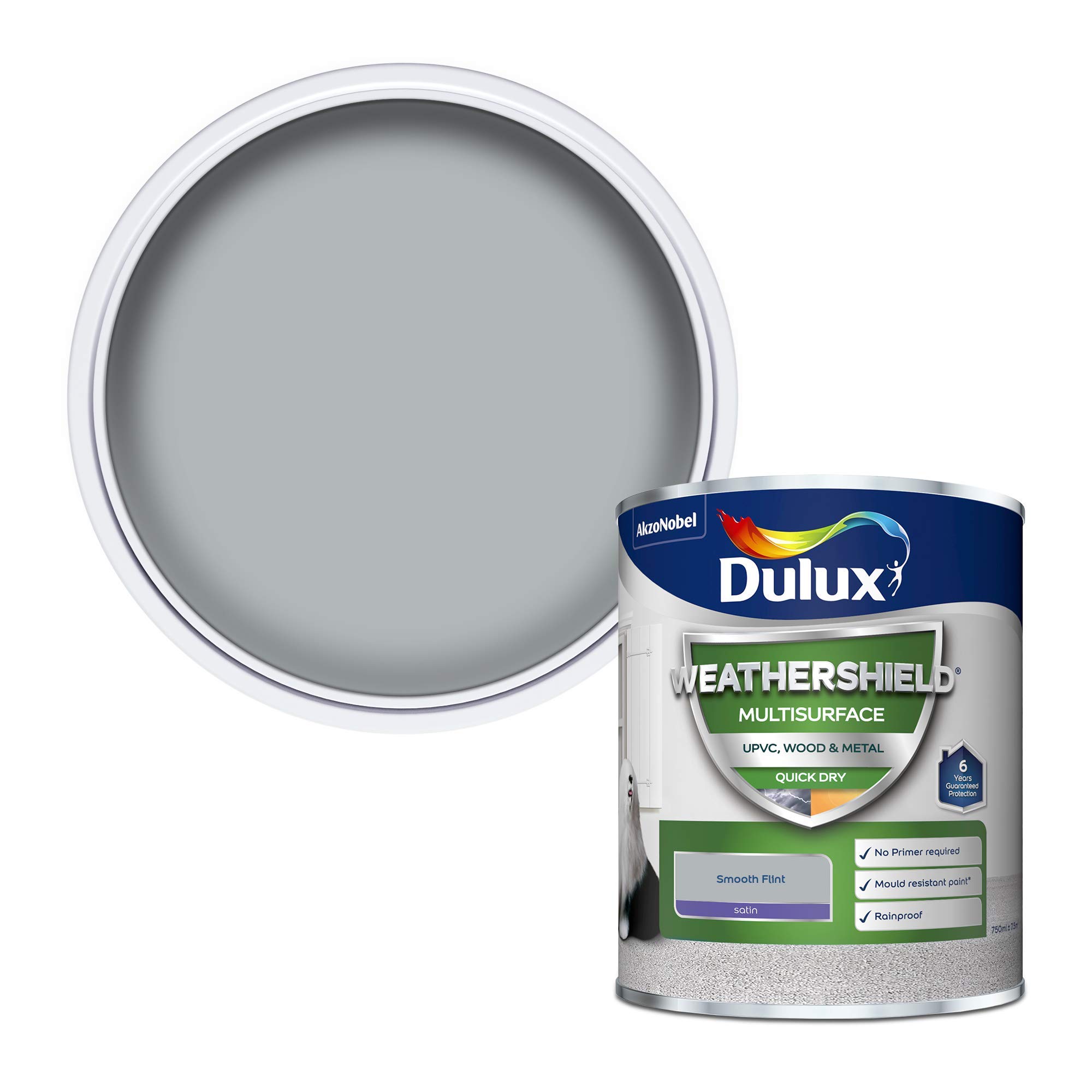 Dulux Weathershield Quick Dry Multi Surface Paint. Satin. Smooth Flint. 750ml for uPVC, wood and metal (no primer/undercoat required)