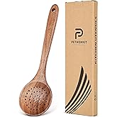 Wooden Cooking Utensil, Teak Slotted Spoon for Cooking, Natural Wood Colander Ladle Spoon with Holes, Long Handle Teak Skimme