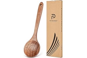 Wooden Cooking Utensil, Teak Slotted Spoon for Cooking, Natural Wood Colander Ladle Spoon with Holes, Long Handle Teak Skimme