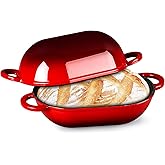 TeamFar Enameled Cast Iron Bread Loaf Pan, 2 QT Oval Dutch Oven with Lid for Sourdough Bread Baking, Enameled Meatloaf Loaf Baking Pan with Lid, Even Heat Distribution & Self-Basting, Red