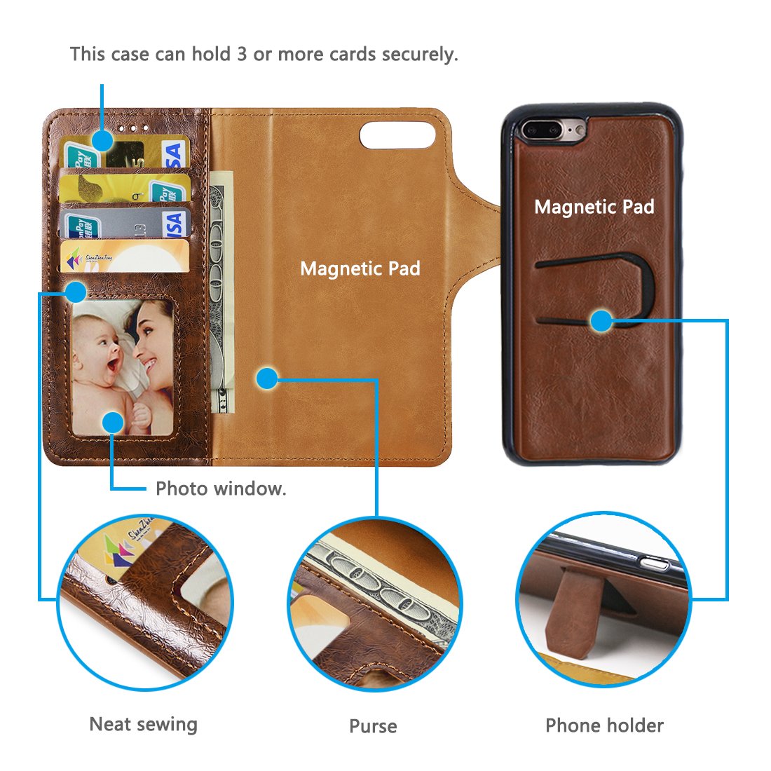 AxPower for iPhone 7 Plus iPhone 8 Plus Wallet Leather Case with Card Holder Folio Flip Cell Phone Cover with Stand Holder for Man and Women (i7 Plus & i8 Plus (Brown))