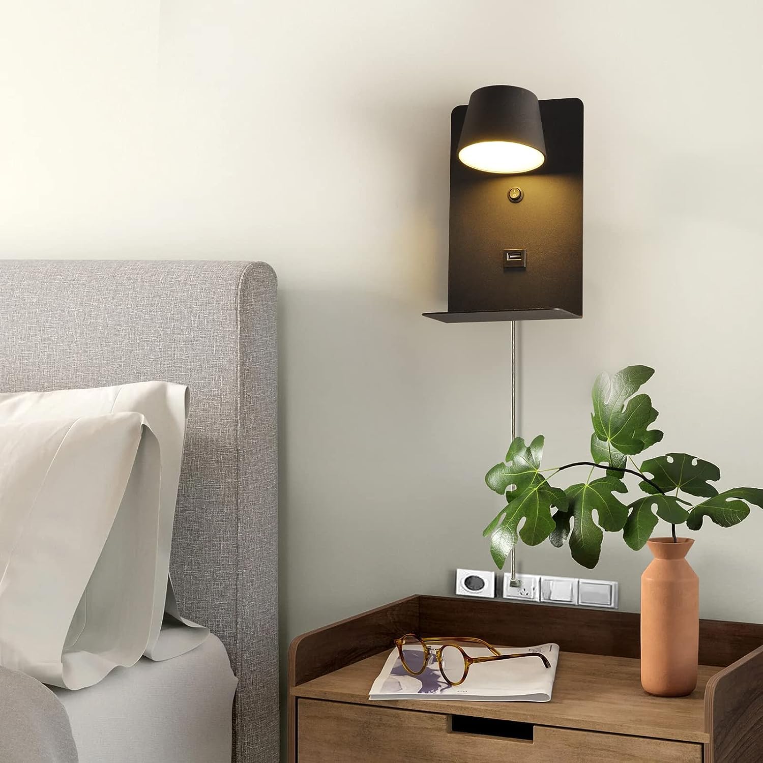 SUNLLOK Modern LED Wall Light with USB Charging Port Case - Indoor Rotate Reading Wall Sconces with Shelves - Adjustable Warm White Wall Lamp Fixture for Living Room, Kid Bedroom (Middle)