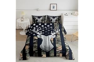 CASTLE FAIRY Camo American Flag Kids Comforter Sets Full Size,Deer Antlers Army Green Camouflage Bedding Comforters for Man,Western Farmhouse Animal Hunting Stars Stripes USA Flag Down Comforter RV Inside Decor